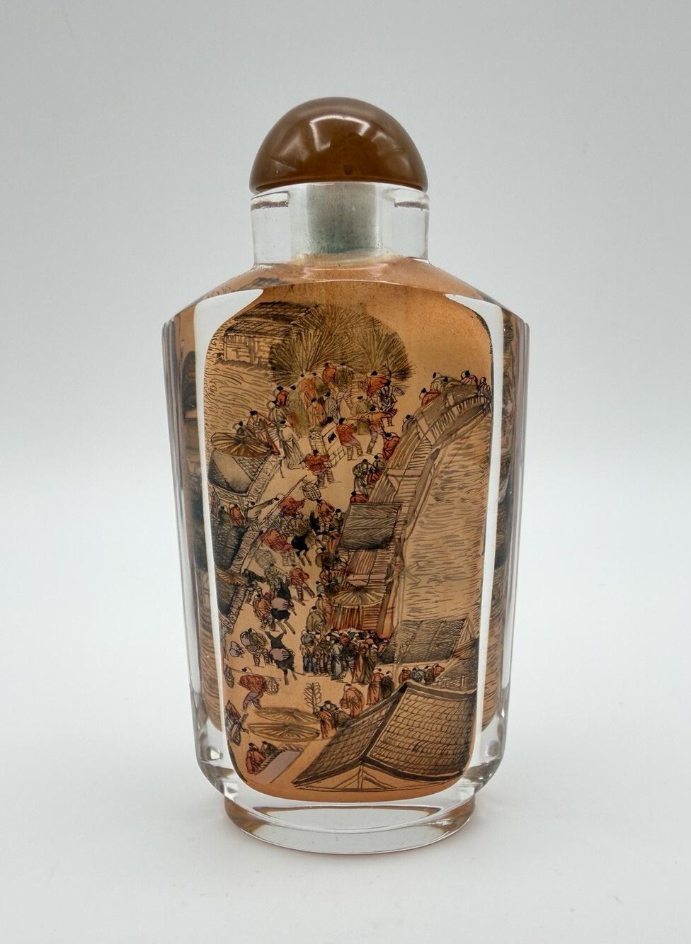 Chinese Reverse Painted Glass Snuff Bottle 4” Town Village Scene Vintage